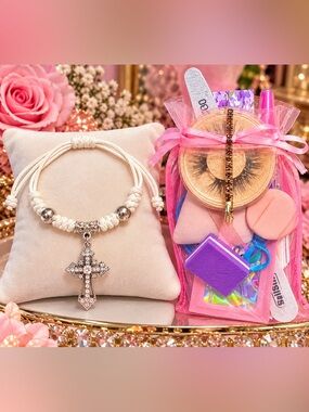 NWT Adjustable Rhinestone Cross Charm Bracelet & Handmade Beauty Gift Bag